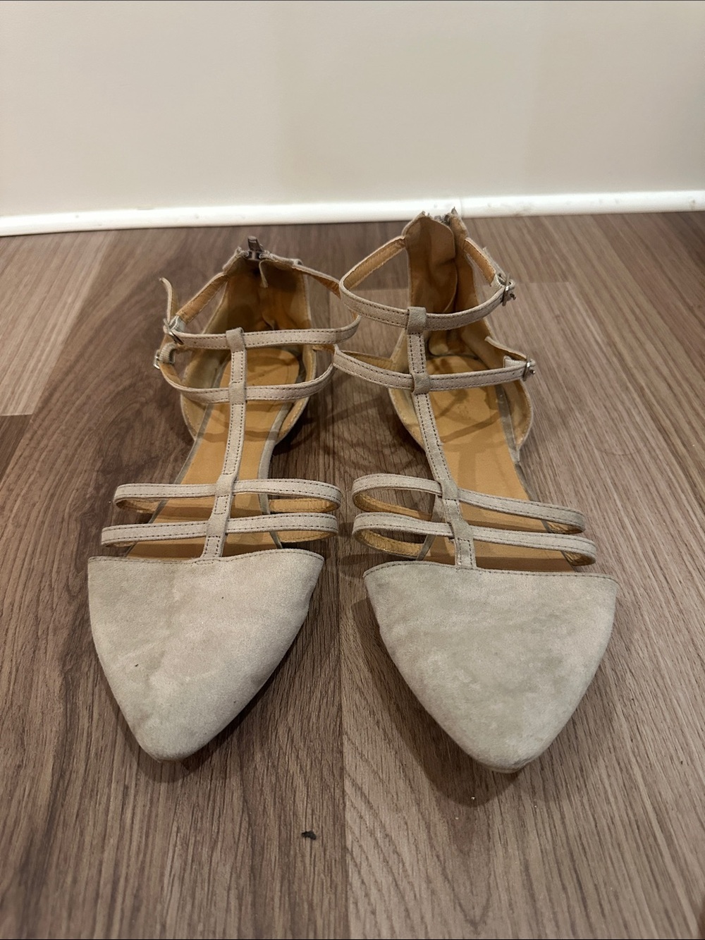 Pointed Multi-Strap Flats in Light Taupe
